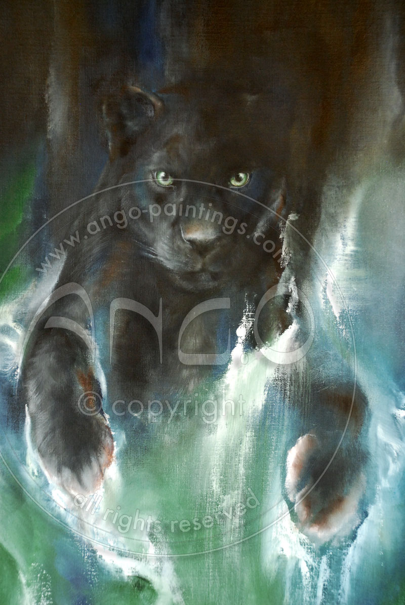 Wildlife Art : Black Panther Painting « The panther jump »